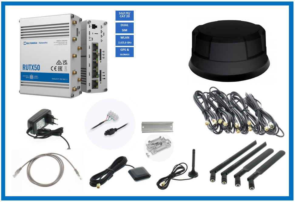 TELTONIKA 5G/WLAN Router mit LTE Cat 20 Antenne - Paket schwarz oder weiß inkl. kostenfreier Datenkarte und 10 GB Startguthaben